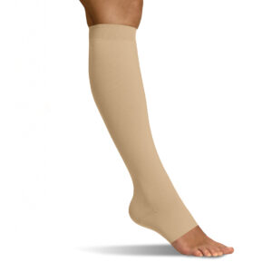 Flat Knit Ready-Made Lymphoedema Stockings Below Knee Open-Toe with Silicone Top Band by MAINAT - RAL Ccl 1 & Ccl 2