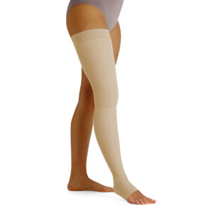 Flat Knit Lymphoedema Thigh Length Stockings with Silicone Top Band, Open-Toe by MAINAT - Ccl 1 & Ccl 2 RAL
